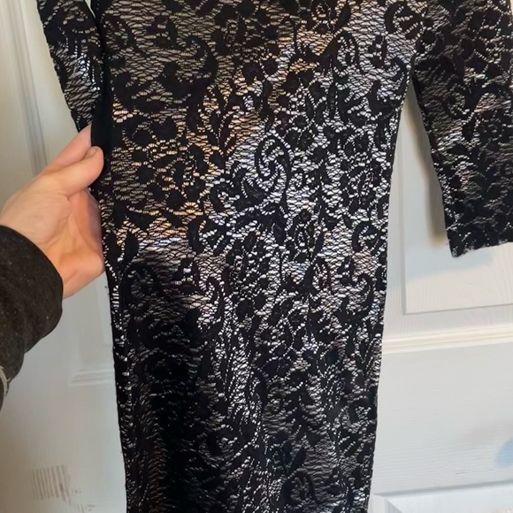 AKIRA Long Sleeve Black Gold Silver Lace Floral Short Bodycon Dress Holiday - Picture 10 of 11